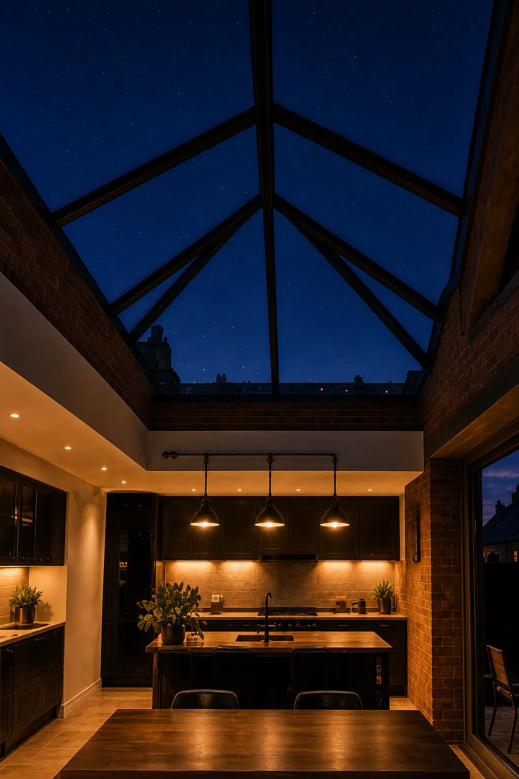 Looking up through a glazed roof lantern at a night sky, above a kitchen lit by three pendant lights