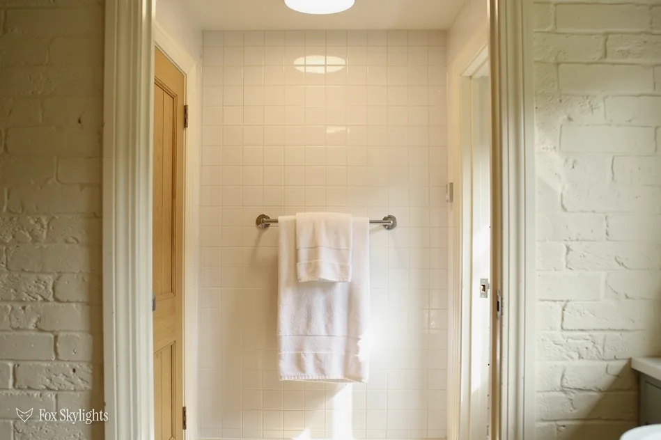 Cream bathroom with towel rail lit by a small ceiling diffuser