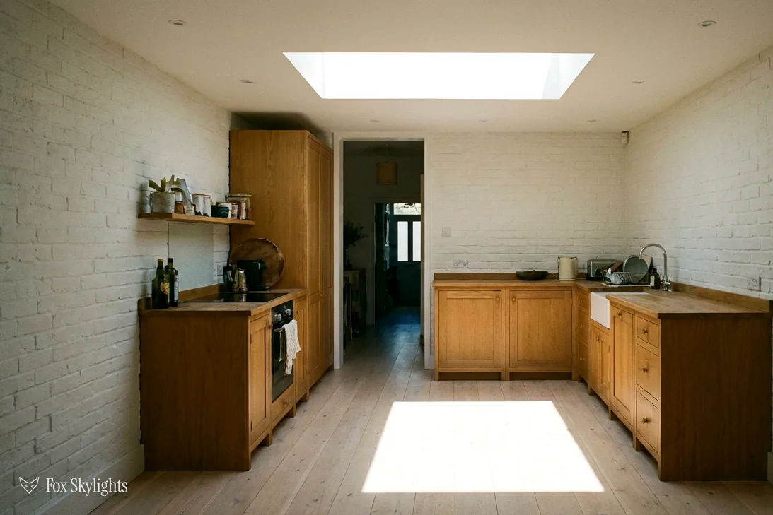 Flat rooflight casting a bright patch of sun across a narrow kitchen floor