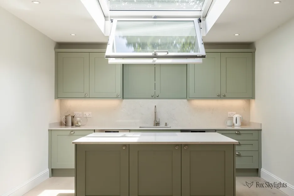 Kitchen with sage green units under a large opening rooflight