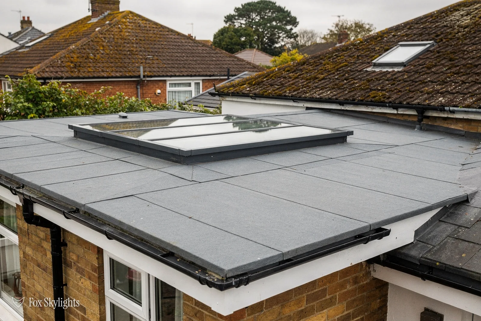 Flat rooflight on a slate grey felt roof of a single storey extension