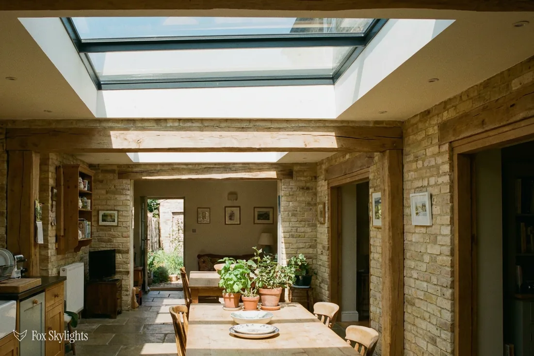 Oak framed garden room with glazed roof above a stone floor and table
