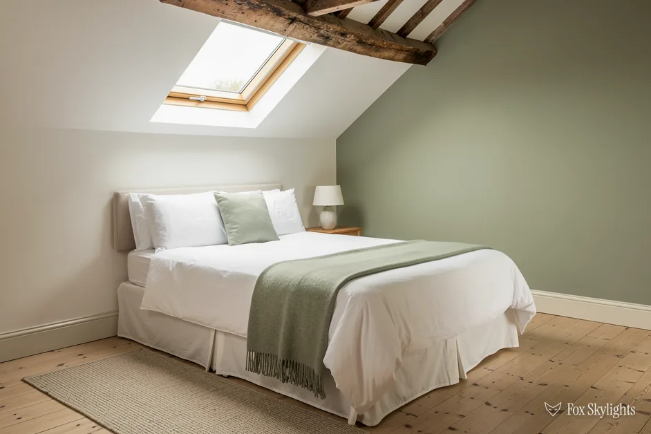 Loft bedroom with sage green wall and a rooflight between beams