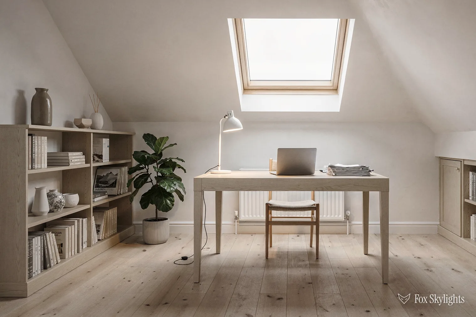 Roof window lighting a desk and shelves in a white loft study
