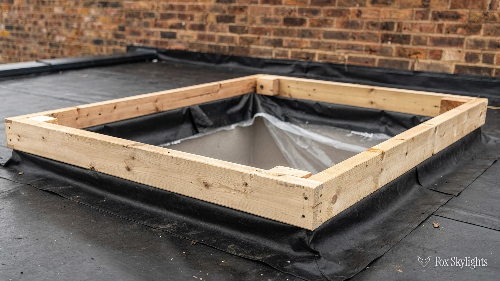 Timber rooflight kerb on a black membrane flat roof by a brick wall