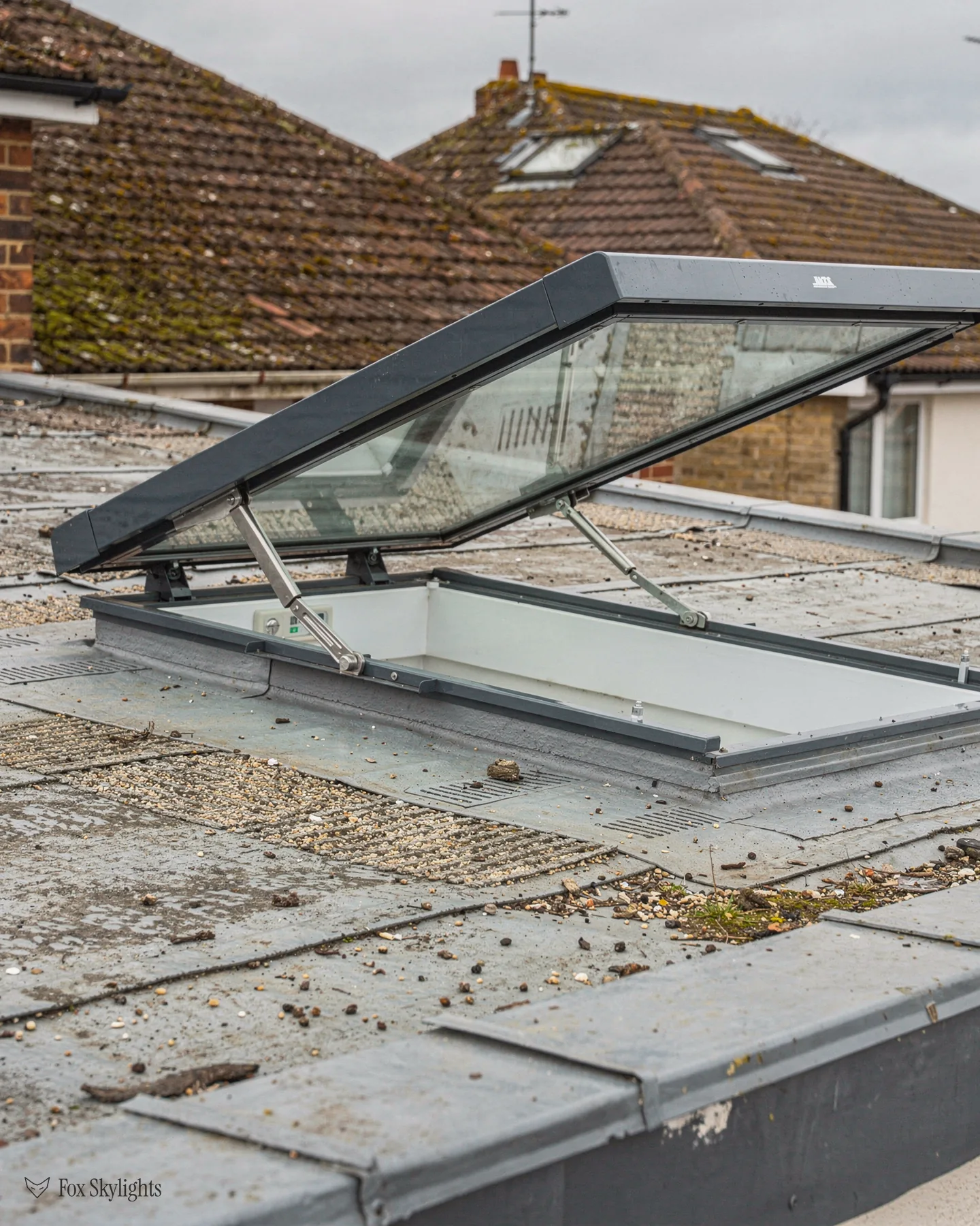 Opening rooflight raised on its arm above a weathered flat roof