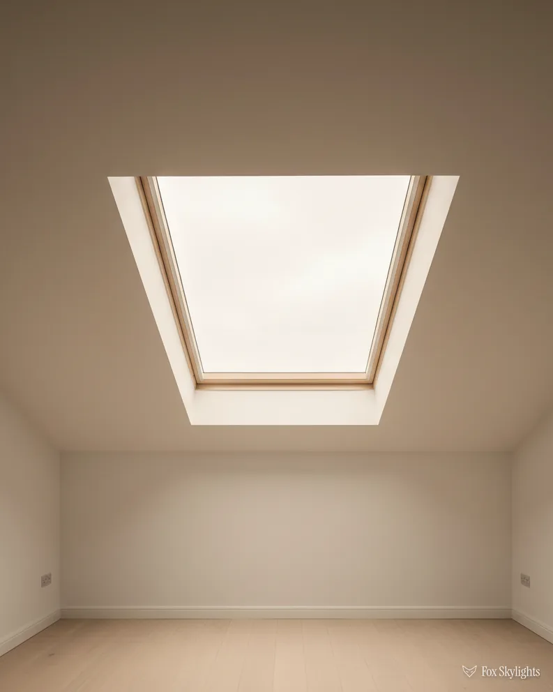 Square rooflight letting soft daylight into a plain white ceiling
