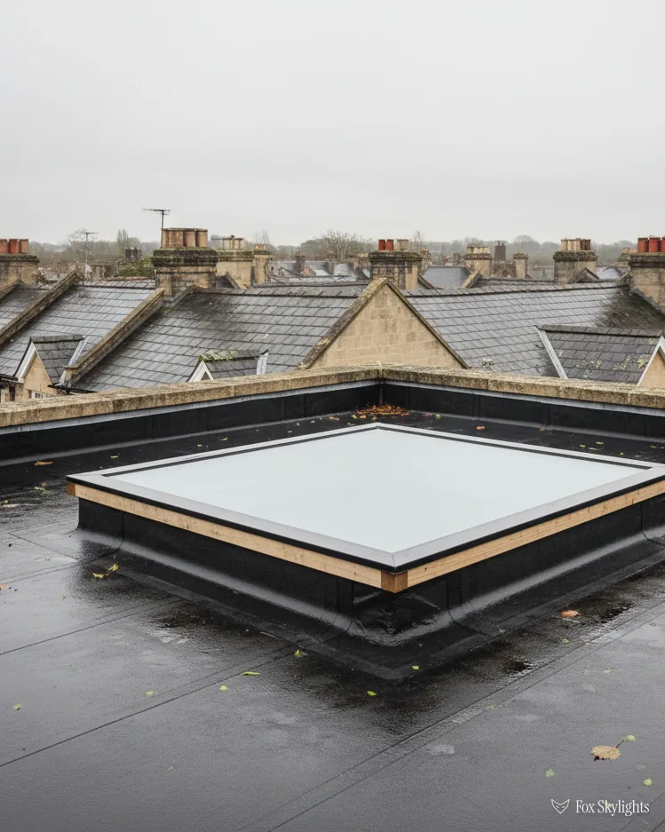 Flat rooflight with a pale frame on a kerb in a dark flat roof among terraced rooftops
