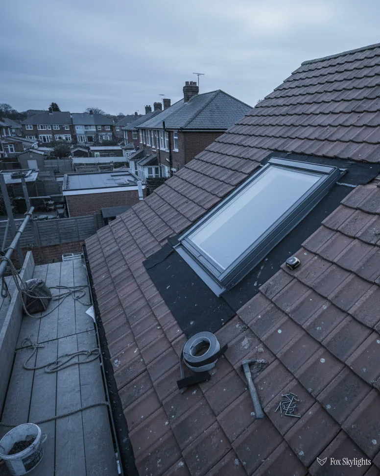Roof window set into a grey slate roof with neighbouring rooftops behind