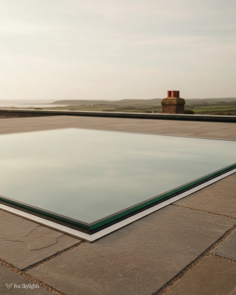 Frameless walk on glass panel set flush into a stone terrace
