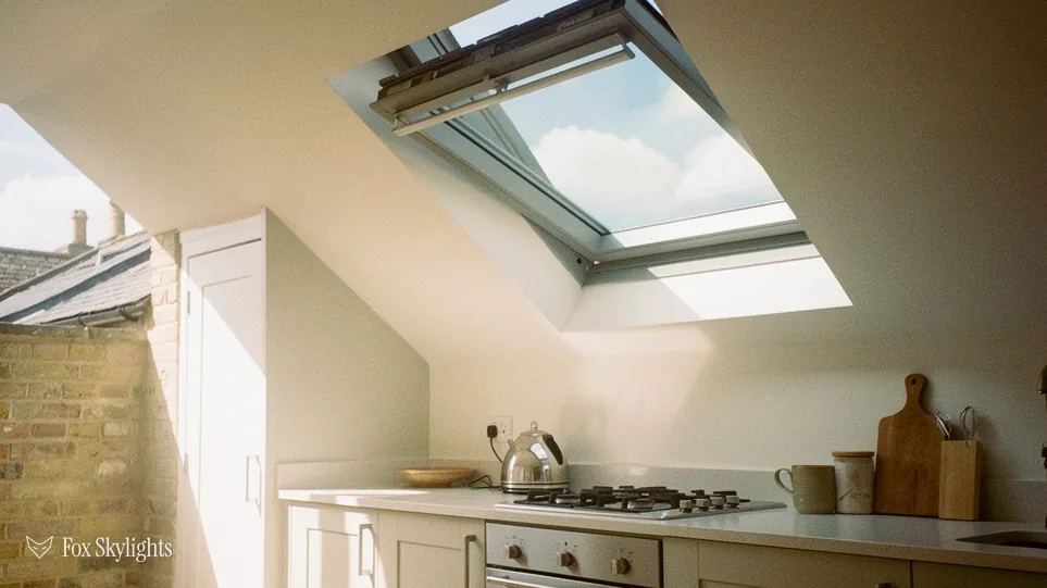 Opening roof window in a sloping kitchen ceiling above the hob and worktop