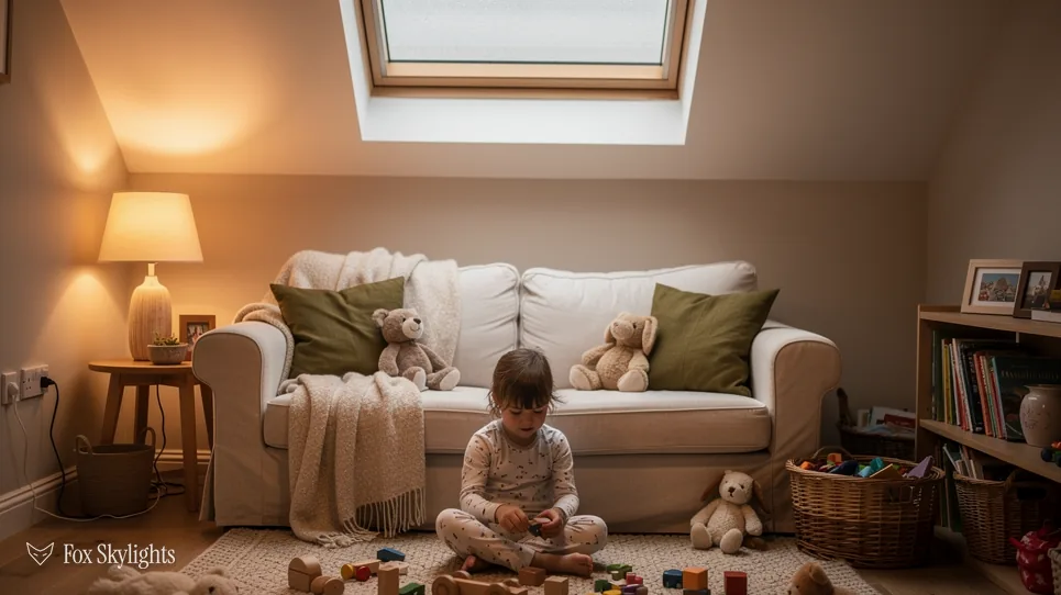 Child playing on the floor of a cosy loft lounge beneath a roof window