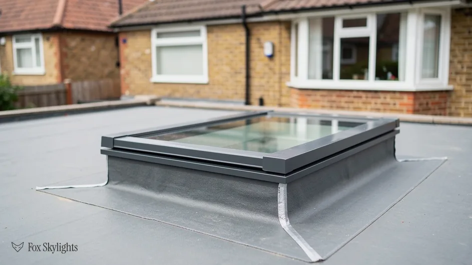 Fixed flat rooflight on a raised kerb on a grey membrane roof behind a bay fronted house