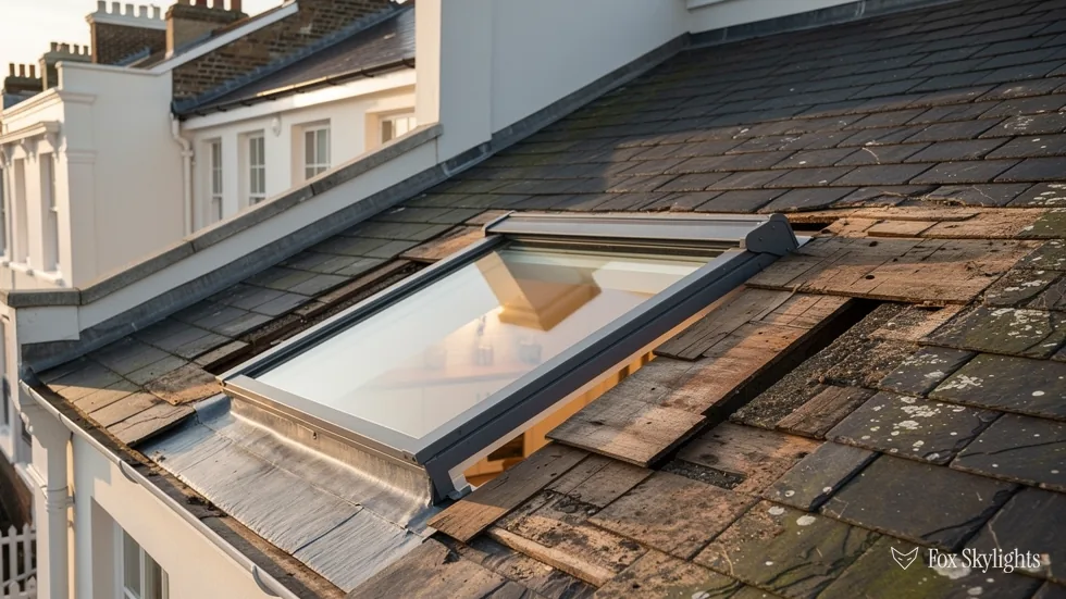 Roof window being replaced in a slate roof with slates lifted around the frame