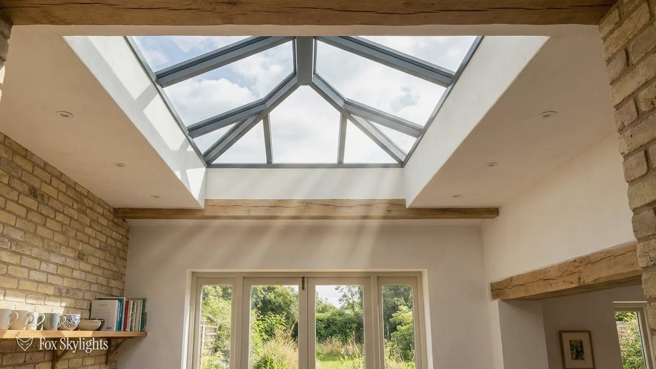 Roof lantern lighting a garden room with exposed brick wall and oak beam