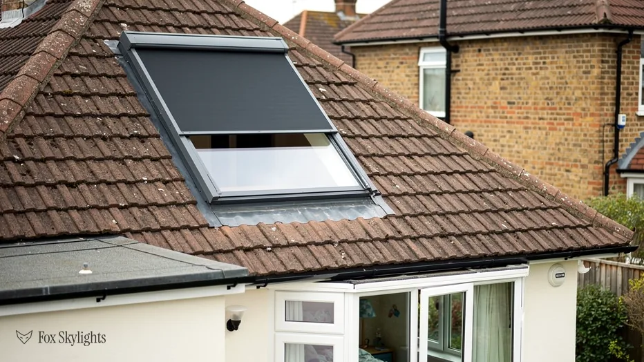 Roof window with blackout blind drawn in the tiled hip roof of a bungalow