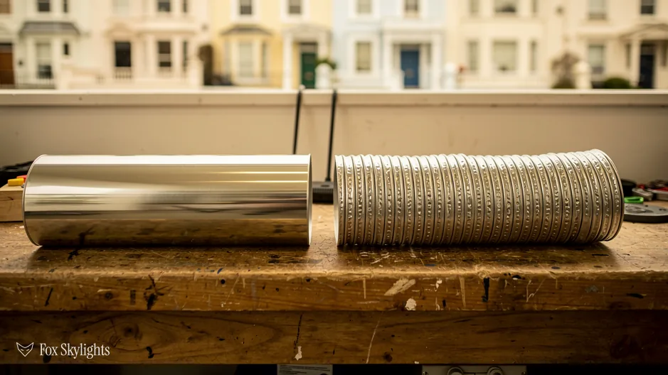 Rigid and flexible sun tunnel tubes laid out on a workbench