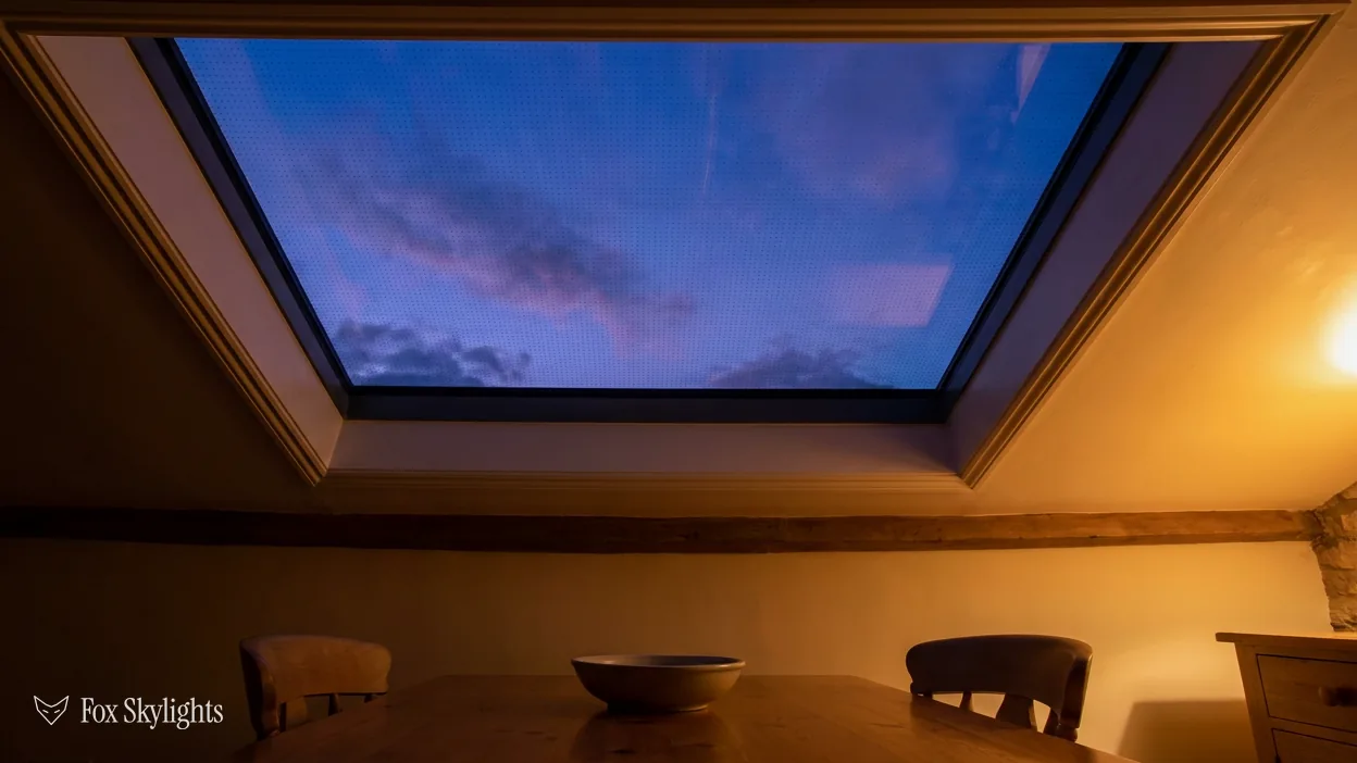 Blue evening sky through a rooflight above a dining room lit in amber