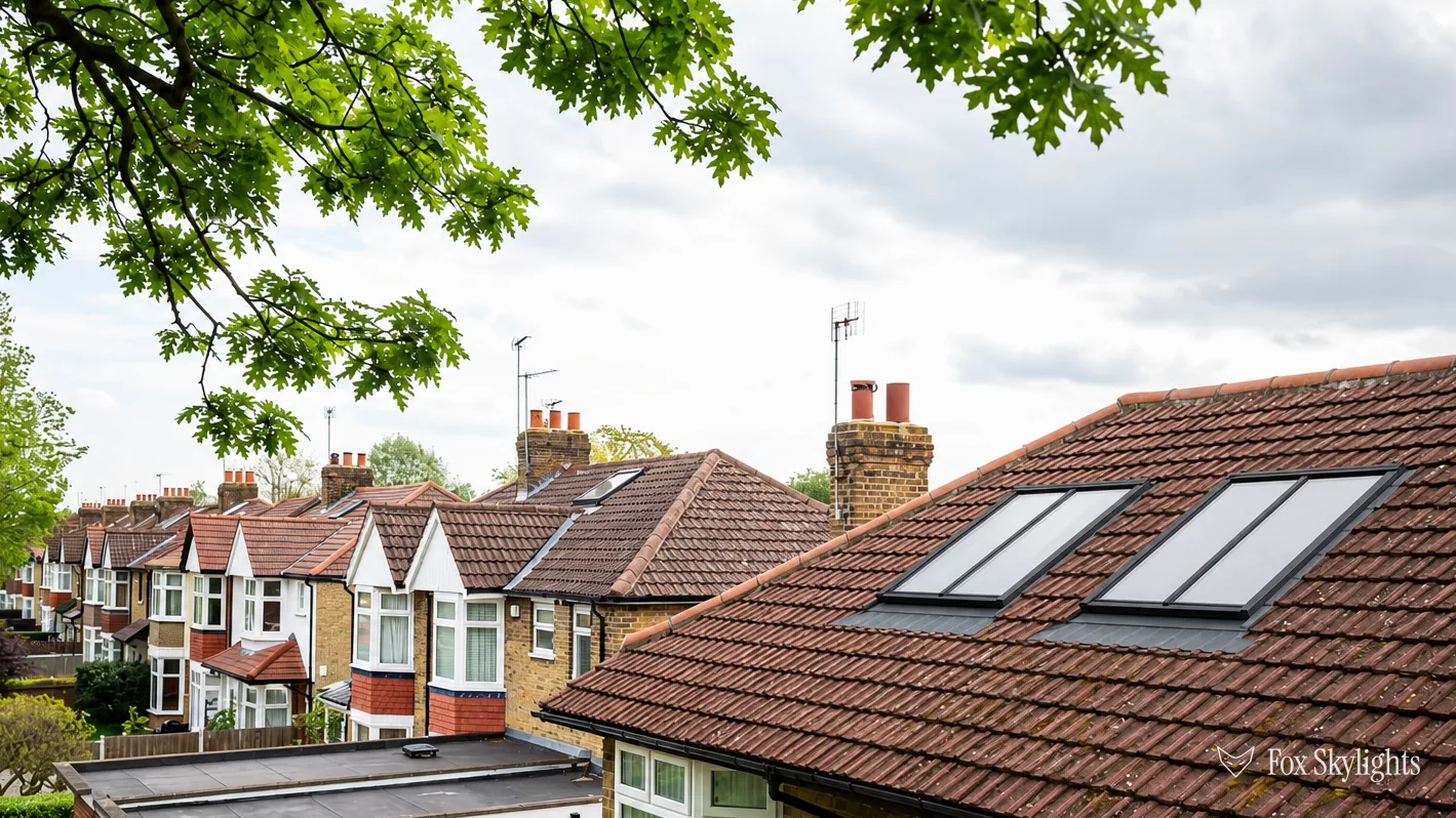 Pair of slim roof windows in a tiled roof above a row of brick houses