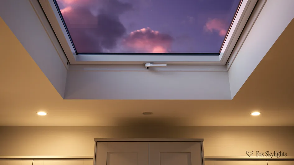Opening rooflight at dusk with pink clouds above a softly lit room