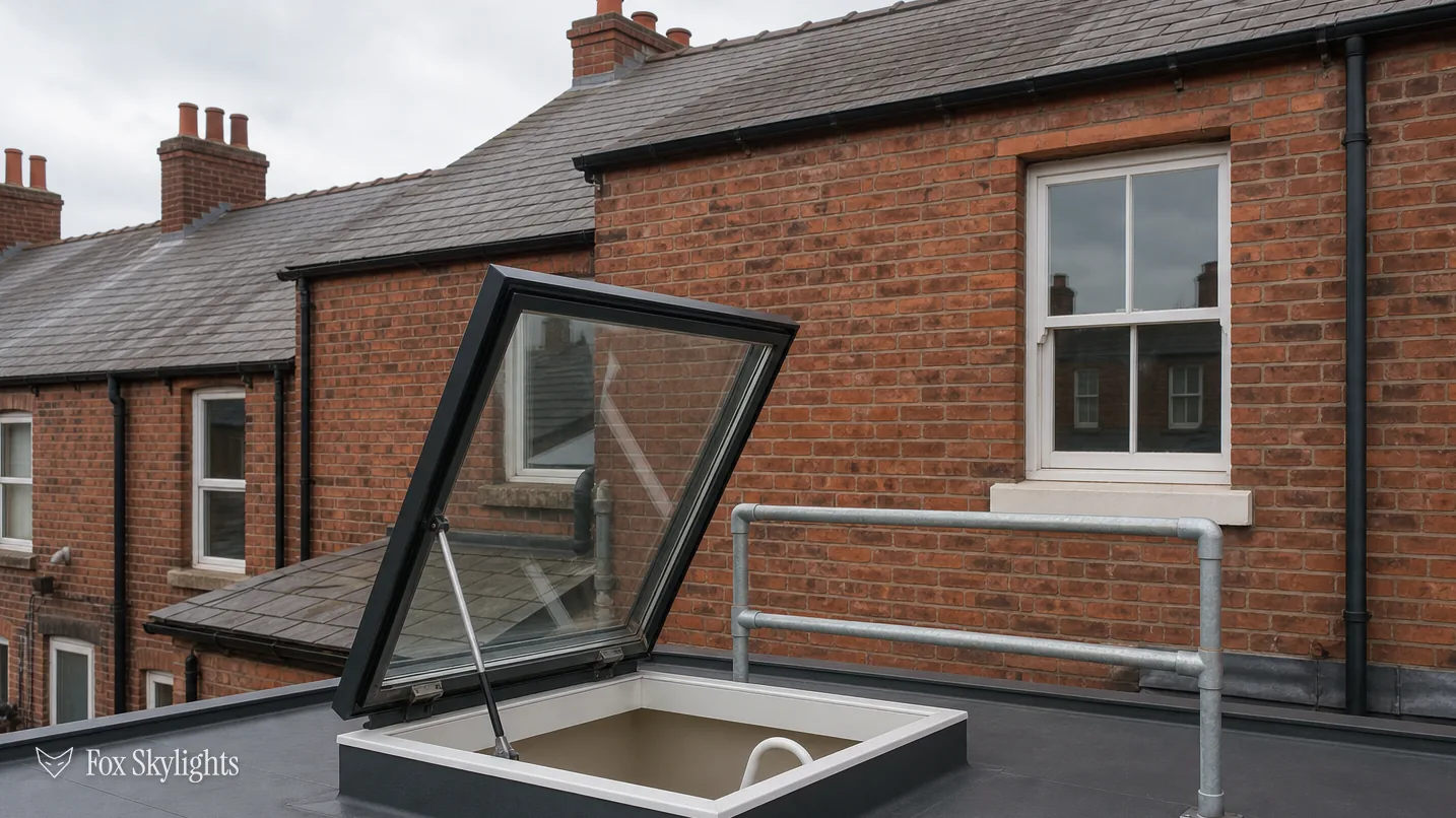 Hinged access rooflight standing open on a flat roof terrace with guard rail