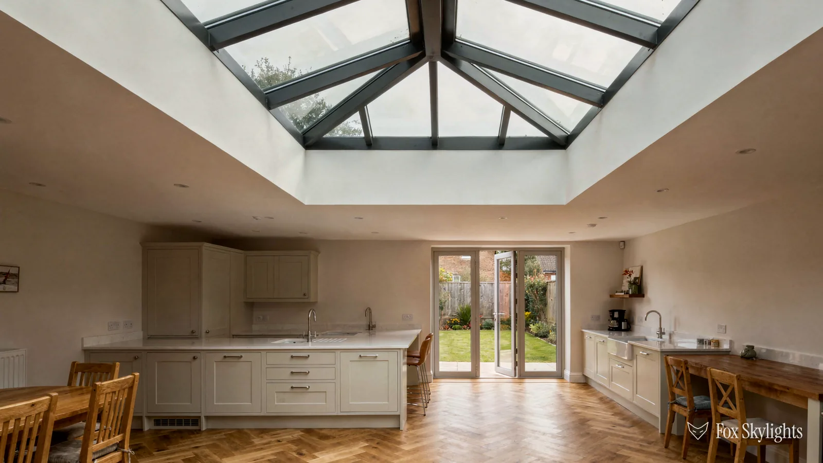 Roof lantern above an open plan kitchen diner with French doors to the garden