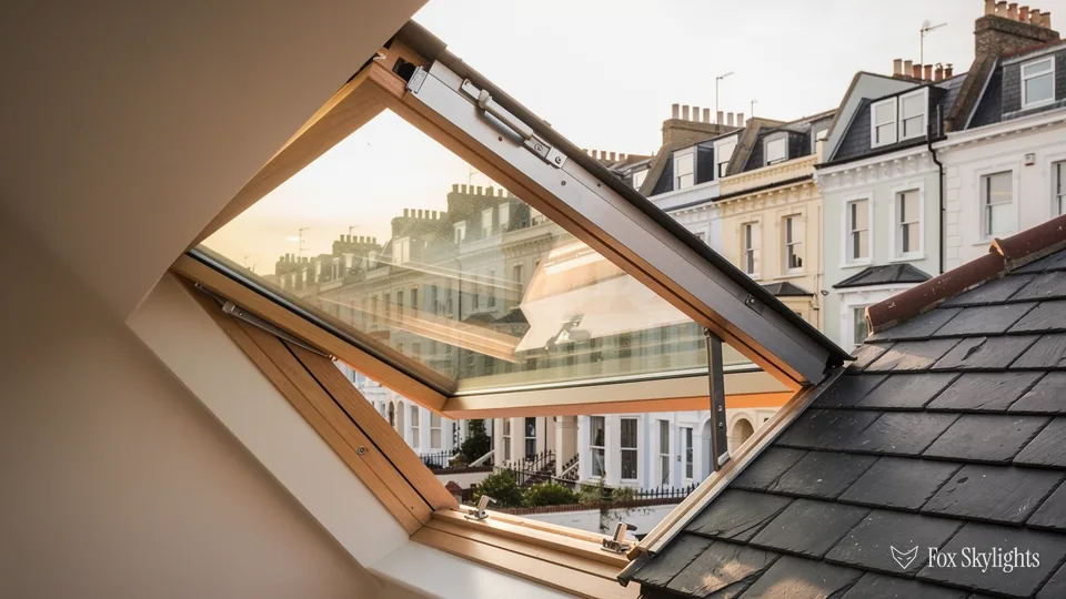 Pine roof window swung open in a slate roof overlooking period townhouses