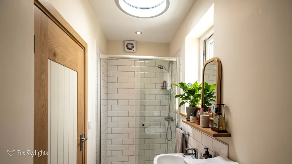 Sun tunnel diffuser lighting a small shower room with a wooden door