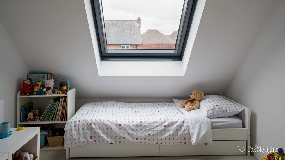 Roof window above a child's bed in a bright white loft bedroom