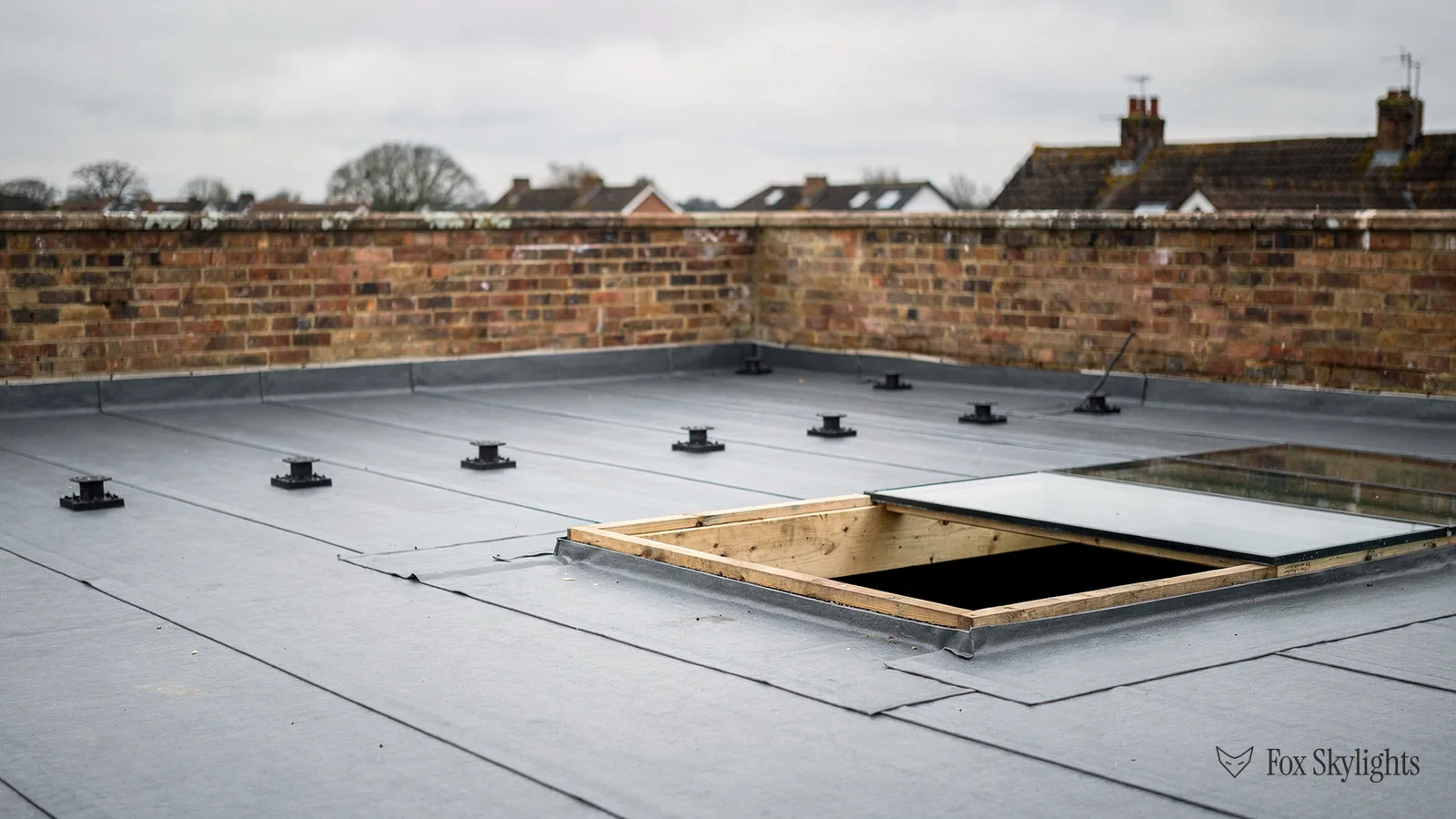 Rooflight frame being fitted into a flat roof with pedestal pads and brick parapet