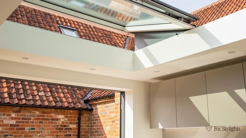 Flat rooflight in an extension ceiling with neighbouring clay tiles visible beyond