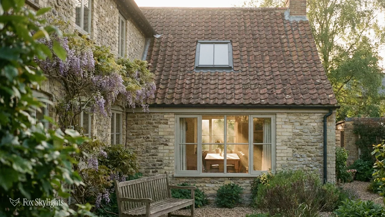 Stone cottage with wisteria and a small rooflight in its clay tile roof