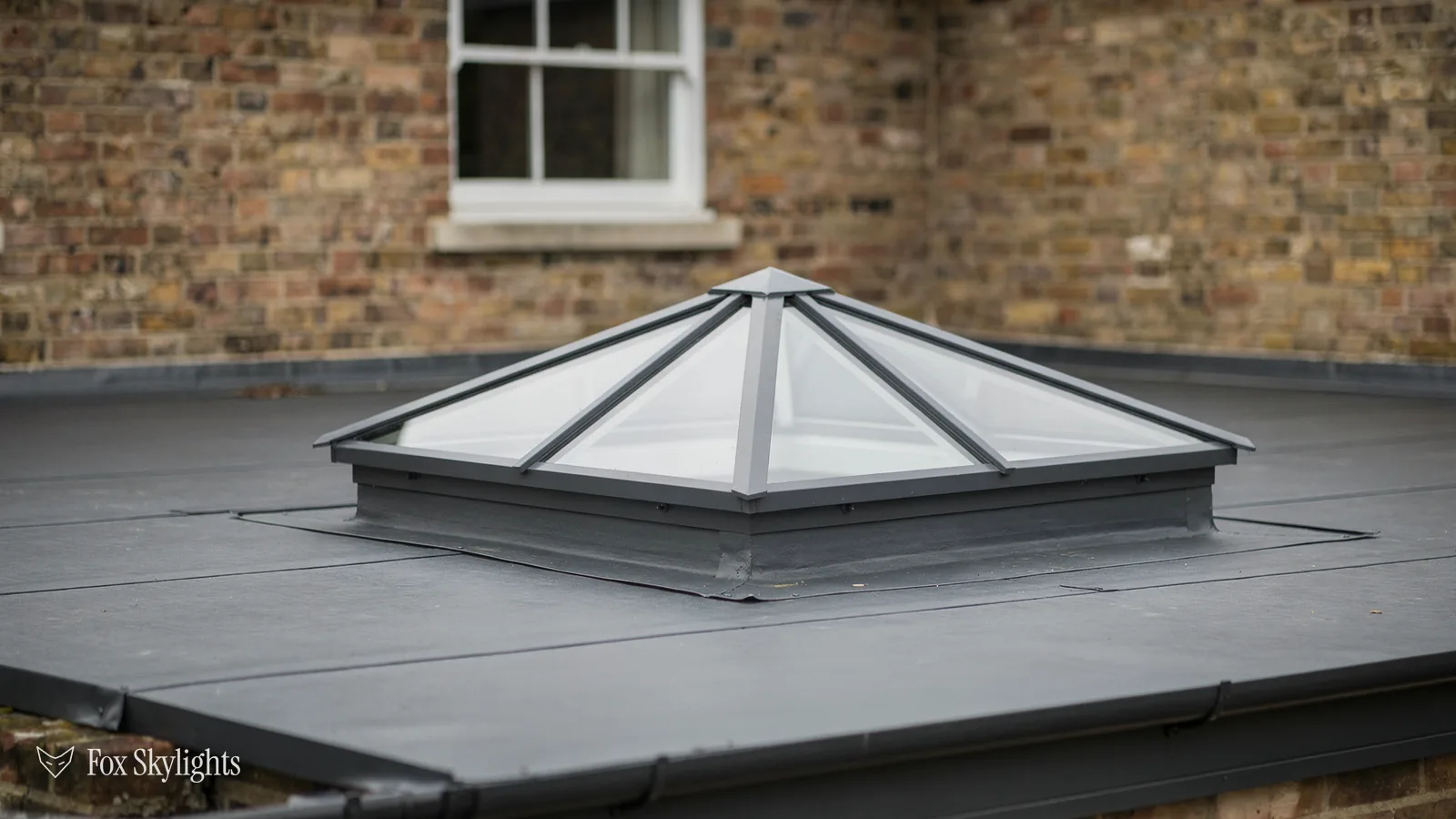 Small pyramid roof lantern on a flat roof below a brick wall and sash window
