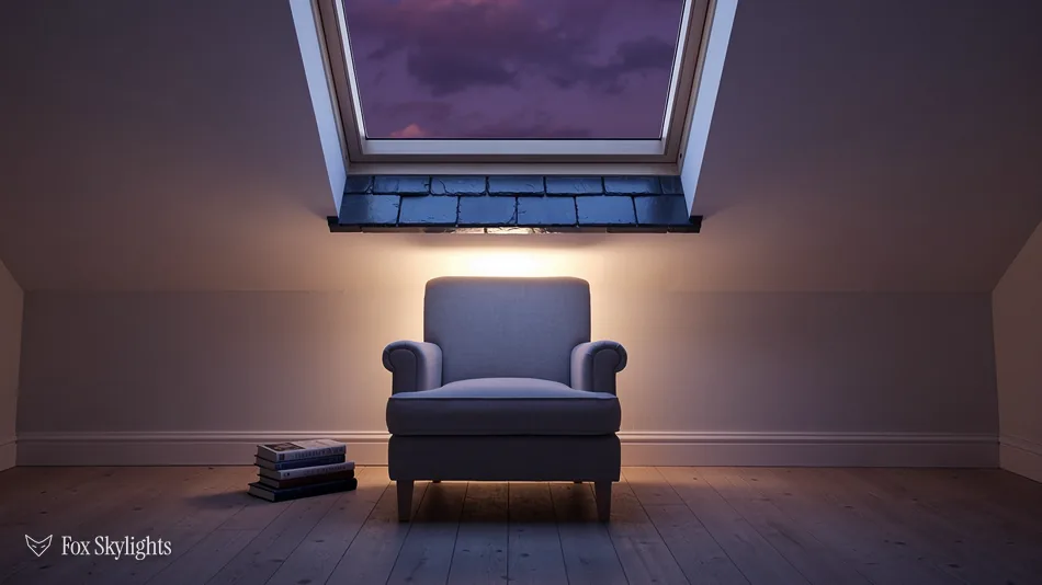 Roof window glowing at dusk above a single armchair in a dark attic