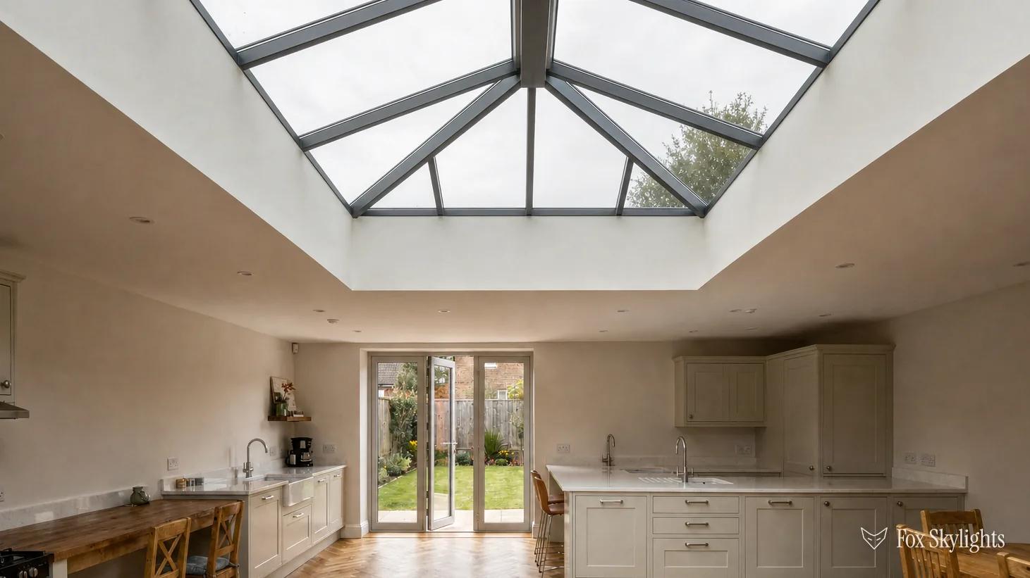 Roof lantern over a cream kitchen diner with glazed doors open to the garden