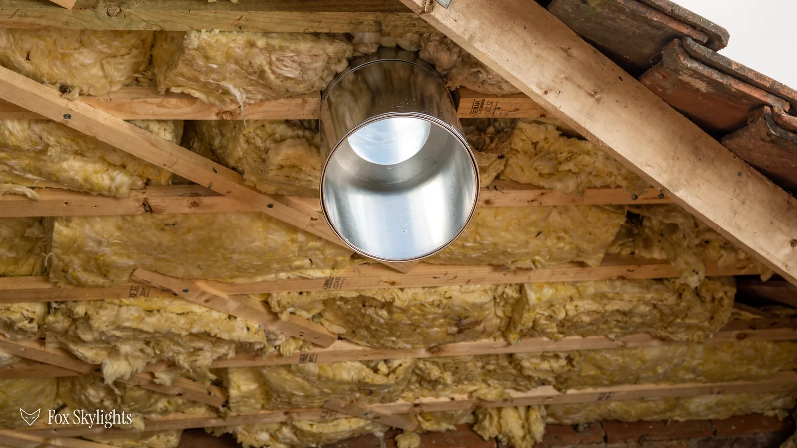 Sun tunnel tube passing up through loft insulation towards the roof
