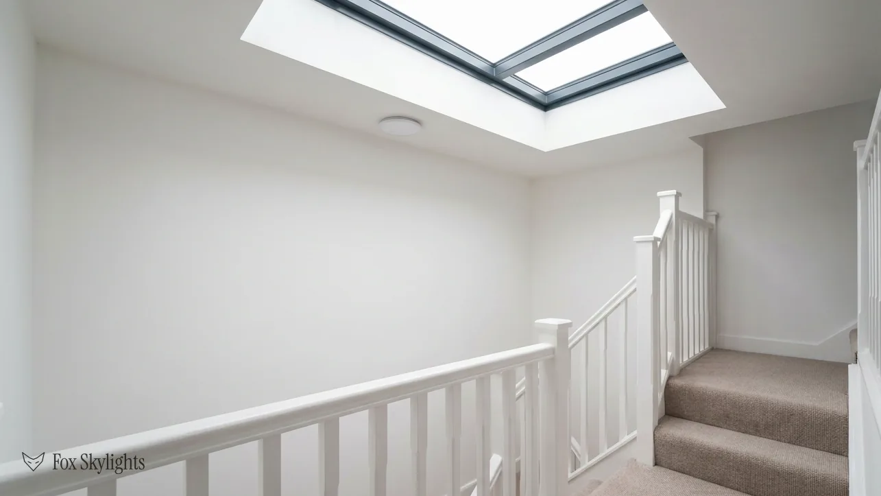 Landing and stairwell lit from above by a rooflight over white banisters
