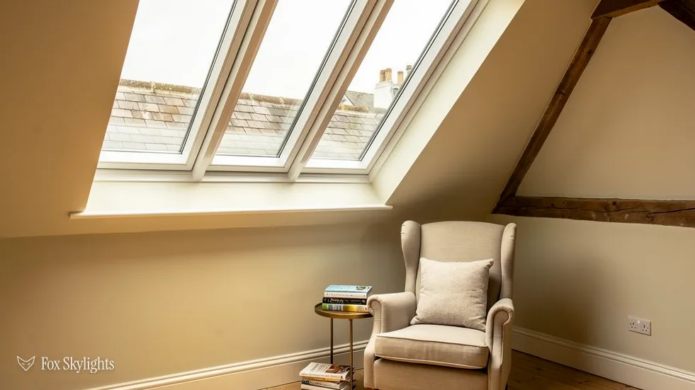 Three roof windows in a row above an armchair in a cream loft room