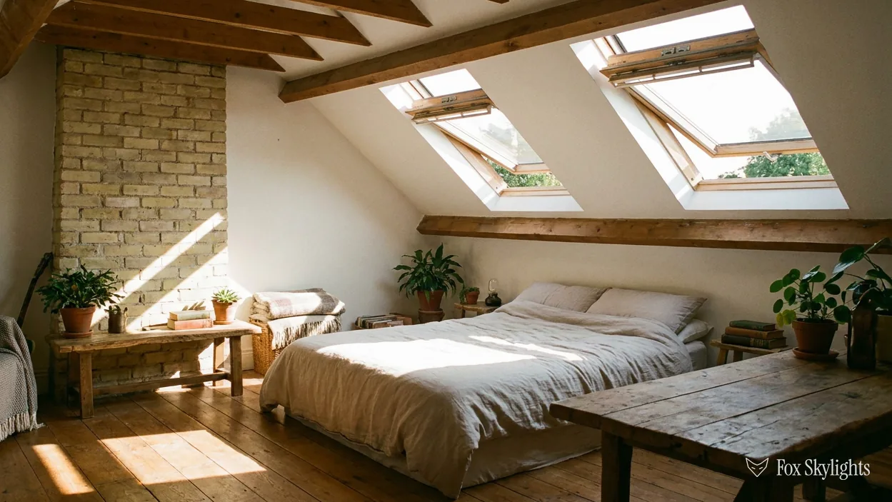 Loft bedroom with two roof windows set between exposed timber beams