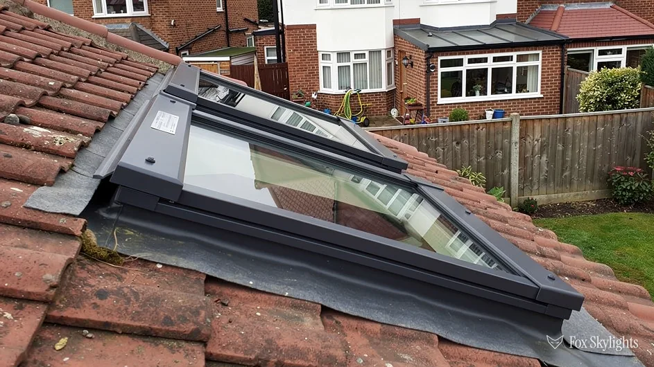 Roof window opened on a red tiled roof above suburban back gardens