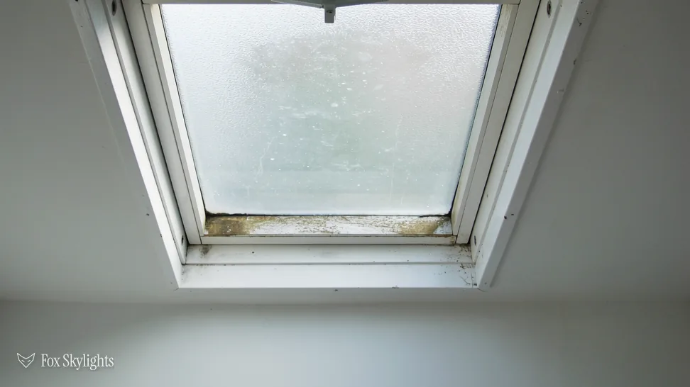 Rooflight glass clouded with mist between the panes, seen from inside