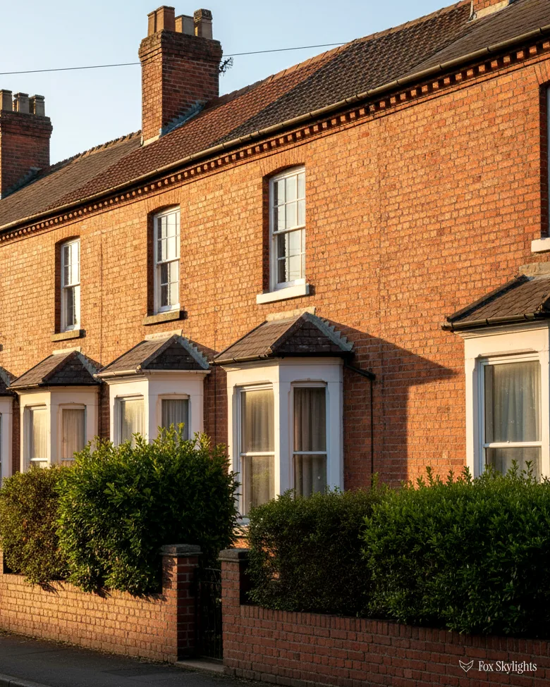 Row of red brick Victorian terraced houses with bay windows and hedges