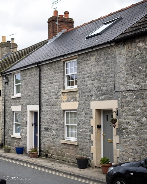 Grey stone terraced cottages with a roof window in the slate roof