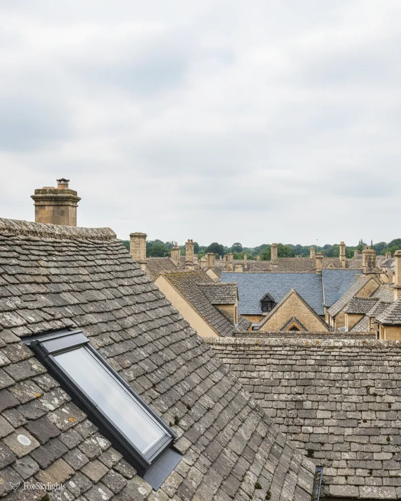Roof window in a weathered stone slate roof above old village rooftops