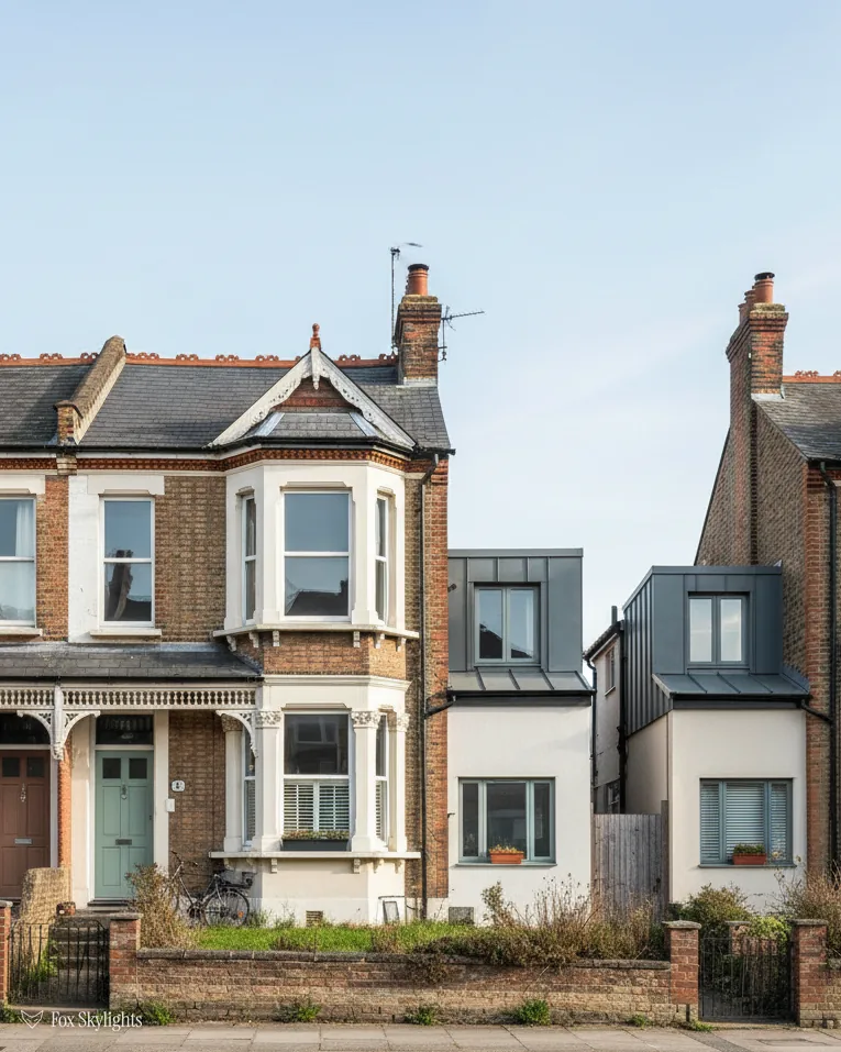 Victorian bay fronted house beside a white rendered house with a dormer