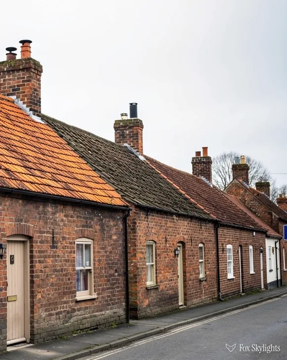 Row of old brick cottages with clay tile roofs along a quiet street