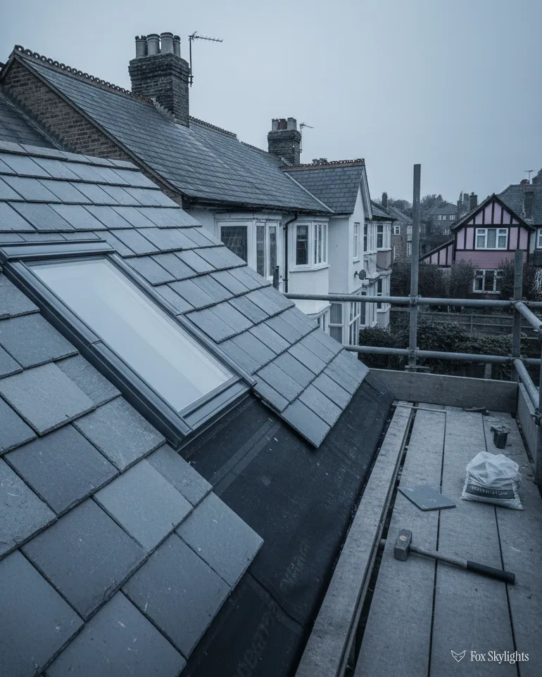 Two roof windows in a grey slate roof with scaffold boards and suburban houses