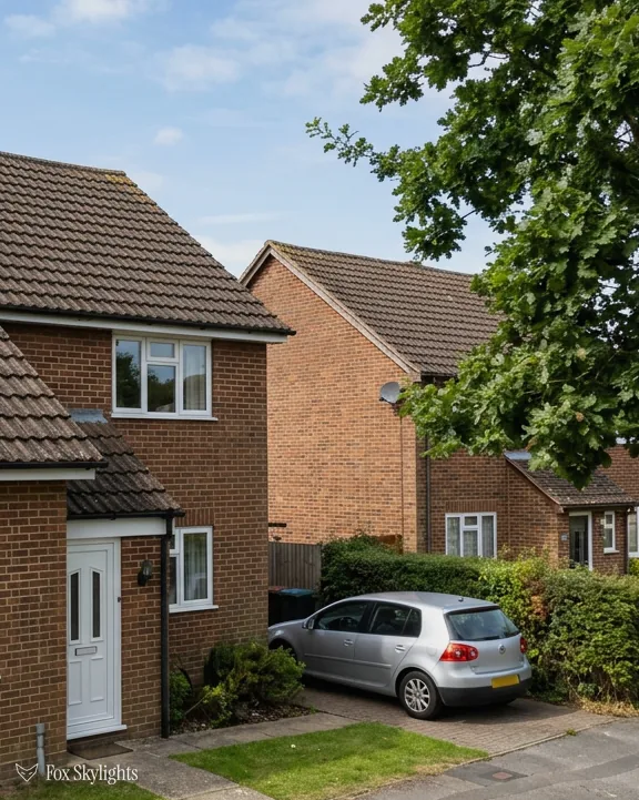 Modern brick detached house with a tiled porch roof beside a leafy tree