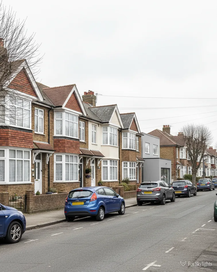 Street of bay fronted Edwardian terraced houses with cars parked outside