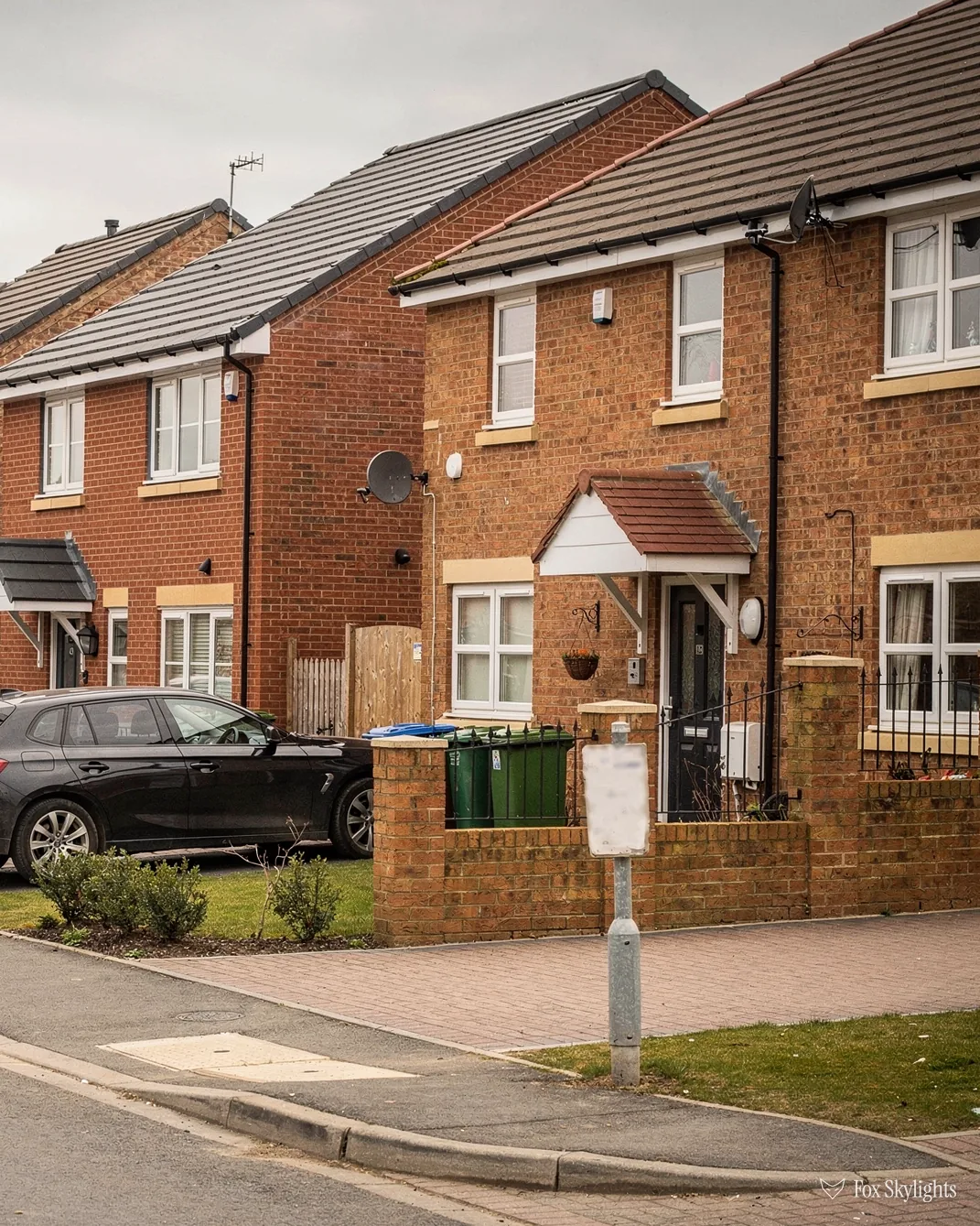 Modern red brick semis with tiled roofs and a car on the drive